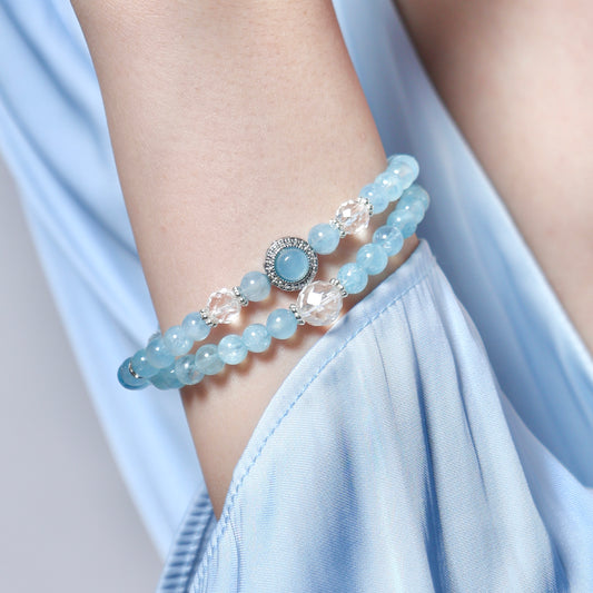 Doppelreihiges Armband aus Aquamarin und Bergkristall